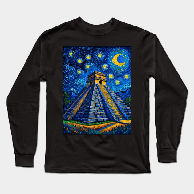 Chichen Itza in Starry Night Long Sleeve T-Shirt by FUN GOGH